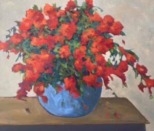 Painting of red impatiens in blue vase
